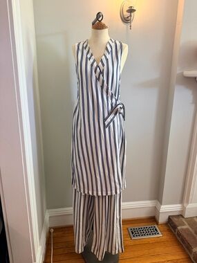 Free People Striped Navy & White Sleeveless Wrap Two Piece Set